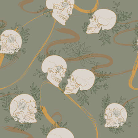 Seamless Pattern with skull and plantのイラスト素材