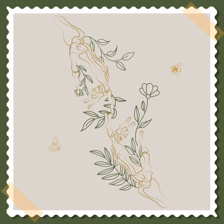 Card with skeleton bones hands with flowersのイラスト素材