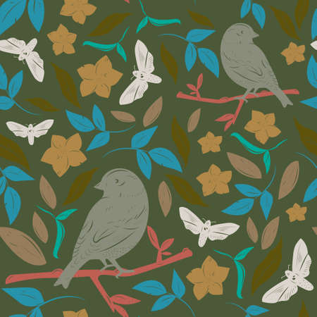 Seamless floral pattern with birdsのイラスト素材