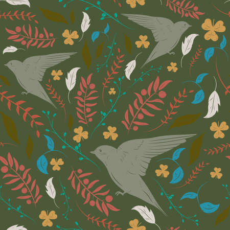Seamless floral pattern with birds in vector