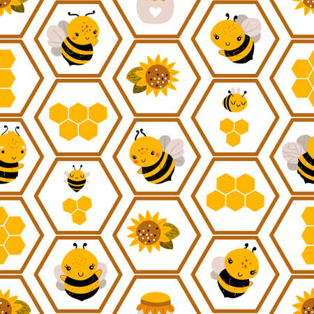 Beekeeping apiary yellow wallpaper. Bee honey seamless pattern.のイラスト素材