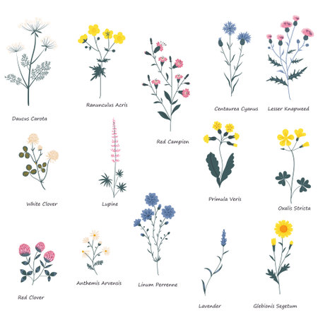 Wild meadow flowers clipart isolated. Decorative botanical flat vector illustration.のイラスト素材