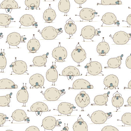 Funny sheep doing yoga, seamless pattern for your design. Vector illustration.のイラスト素材