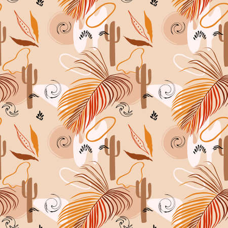 Abstract tropical seamless pattern with shapes and leaves in brown, black, white and beige on light background. Wall art, greeting card, social media post, botanical paper design.のイラスト素材