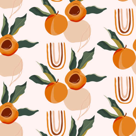 Abstract tropical seamless pattern with shapes and fruits in brown, orang, white and beige on light background. Wall art, greeting card, social media post, botanical paper design.のイラスト素材