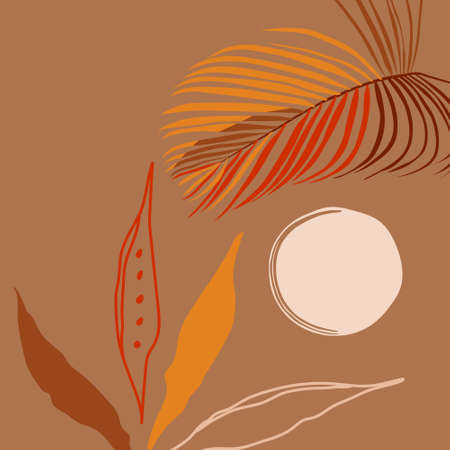 Hello summer card landscape. Hand drawn boho plants, shapes, figure, palm leaves and nature view. Modern mountain vector illustration, poster, mood board, wall art poster, fashion.のイラスト素材