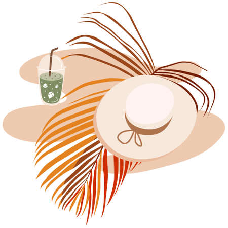 Hello summer card. Hand drawn boho plants, shapes, panama hat. Modern floral vector illustration, poster, mood board, wall art poster, fashion. Vector illustrationのイラスト素材