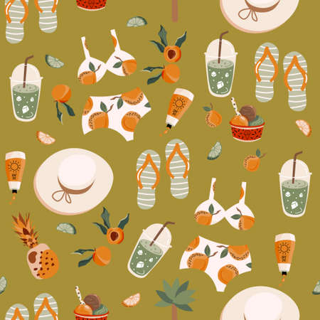 Abstract beautiful summer elements and fruits on a background seamless pattern. Vector illustration.のイラスト素材