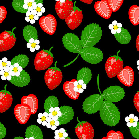 Vector cartoon seamless pattern with wild strawberry, flowers and leafs on white background for web, print, cloth texture or wallpaper.のイラスト素材