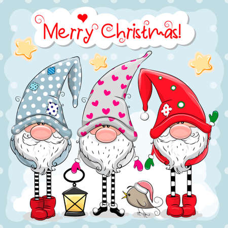 Greeting Christmas card with three cute Gnomes on a blue background. Vector illustrationのイラスト素材