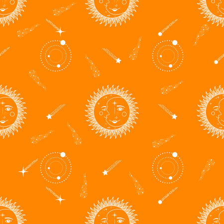 Moon, Sun and Stars. Seamless background. Vector illustration.