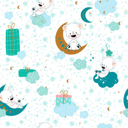 Seamless cute pattern with polar bear, snow, snowflakes, moon, winter. Vector illustration for children.のイラスト素材