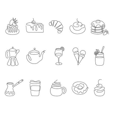Set continuous line drawing of drinks, desserts.のイラスト素材