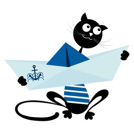 Cat sailor with a paper boat. Design of marine drawing with a paper boat, a cat for childrens textiles. Vector illustration isolated on a white background.のイラスト素材