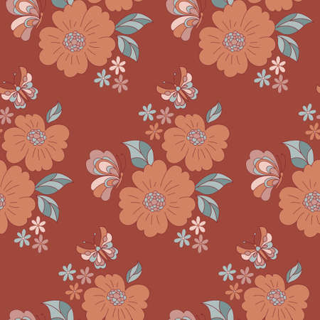 Retro 70s 60s Floral Butterfly seamless pattern.のイラスト素材
