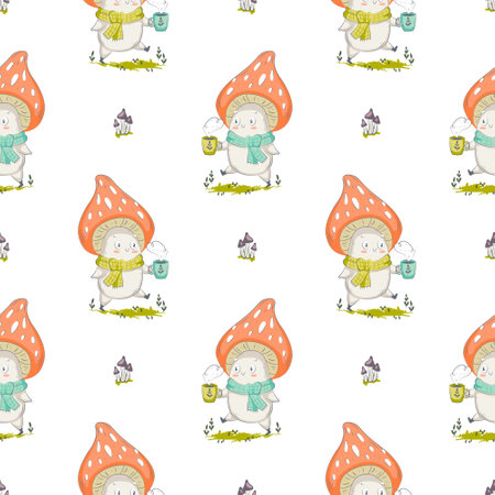 Mushroom cartoon vector illustration for posters, T-shirt print, postcard. Kids card print template and seamless background patternのイラスト素材
