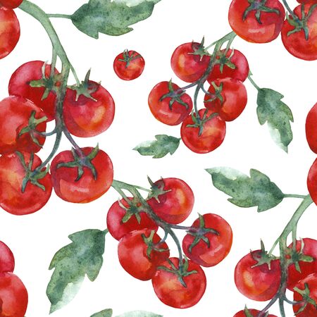 seamless pattern with branch of red tomatoes (vegetable). Watercolor illustrationの写真素材