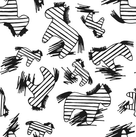 Hand black and white seamless pattern with zebras. For wallpaper, fabric, textile.の写真素材