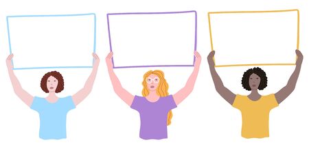 Vector isolated element. Illustration with of a girl, woman with a poster.のイラスト素材