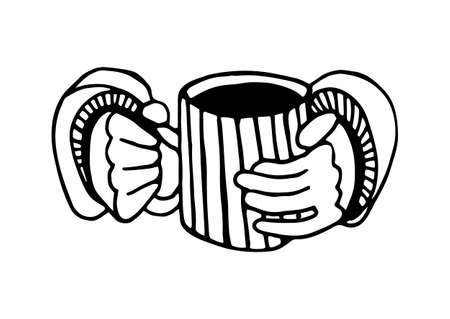 Vector isolated element, hands holding a Cup of coffee, tea. Hand drawn doodle.のイラスト素材