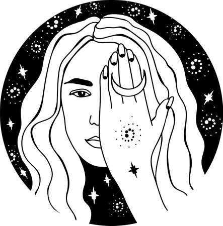 Vector outline illustration with girl, women. Magic girl's face with a hand, space, fortune telling.のイラスト素材