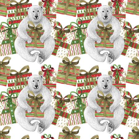Seamless pattern with gift box and polar bear. Watercolor and pencil drawing. The print is used for Wallpaper design, fabric, textile, packaging.の写真素材