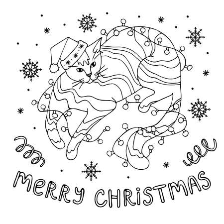 Vector isolated element. New year and Christmas theme. Cat with a Christmas garland and snowflakes. Marry Christmas.のイラスト素材