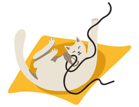 Hand drawn vector illustration. Cute cat and packing gifts. Playing cat. Preparing for the new year and Christmas. Cozy, homely scene.のイラスト素材