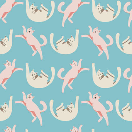 Seamless pattern with cute cat and packing gifts. Playing cat. Vector hand drawn illustration. Lazy catsのイラスト素材