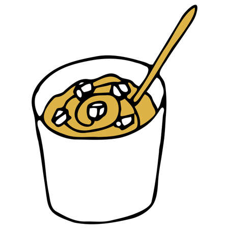 Vector isolated element. Illustration with takeaway food. Logo for the fast food menu. Hand drawn doodle. Soup with crackersのイラスト素材