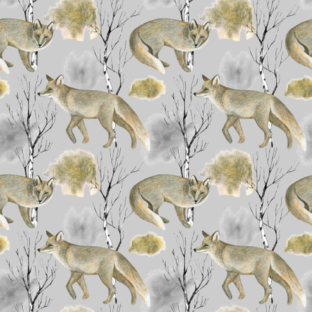 Seamless pattern with foxes and birches. Pencil drawing illustration. The print is used for Wallpaper design, fabric, textile, packaging.の写真素材