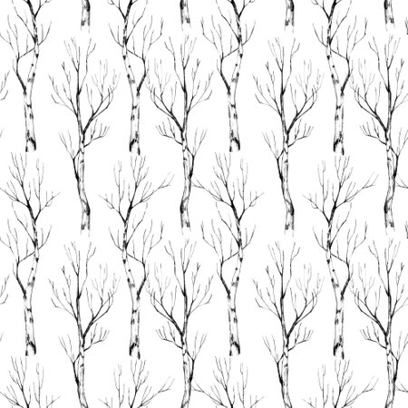 Seamless pattern with birches. Pencil drawing illustration. The print is used for Wallpaper design, fabric, textile, packagingの写真素材