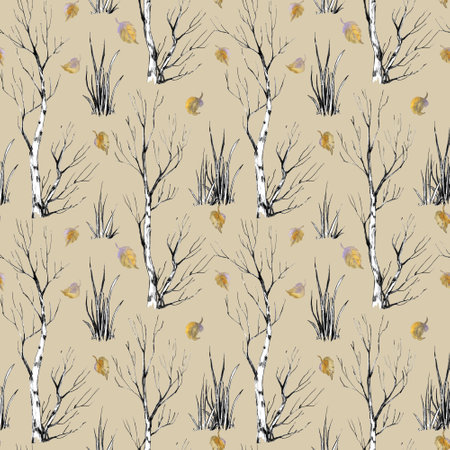 Seamless pattern with birches. Pencil drawing illustration. The print is used for Wallpaper design, fabric, textile, packagingの写真素材