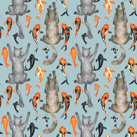 Seamless pattern with cats and fish. Pencil drawing and watercolor illustration. The print is used for Wallpaper design, fabric, textile, packaging.の写真素材