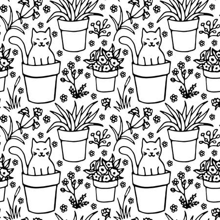 Seamless pattern with flowers and cat. Cat in a flower pot. Gardening. Springtime. Vector hand drawn illustration.のイラスト素材