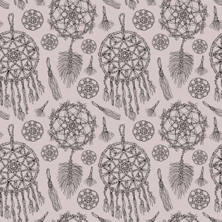Seamless pattern with dreamcatcher, macrame, lace. Pencil drawing illustration. The print is used for Wallpaper design, fabric, textile, packaging.の写真素材