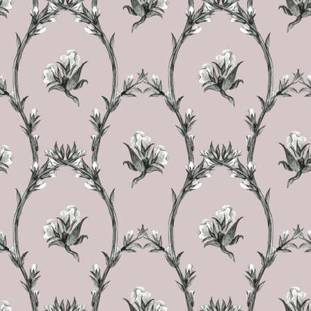 Seamless pattern with branch with flowers. Pencil drawing illustration. The print is used for Wallpaper design, fabric, textile, packaging.の写真素材