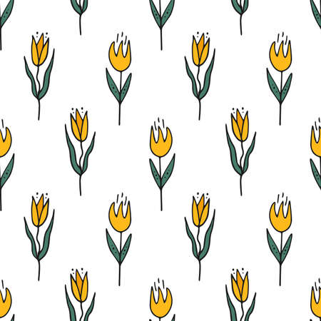 Seamless pattern with flowers and leaves. Vector hand drawn illustration. Tulips. The print is used for Wallpaper design, fabric, textile, packaging.のイラスト素材