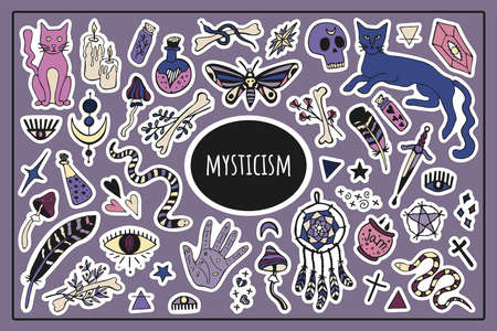Big mysticism set vector isolated stickers. Mystical items, witchcraft, spiritism, divination. Hand drawn colored doodle. Halloween.のイラスト素材