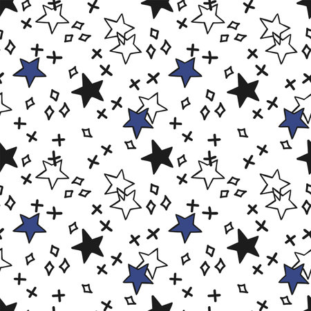 Vector seamless pattern with stars. Hand drawn illustration. The print is used for Wallpaper design, fabric, textile, packaging.のイラスト素材