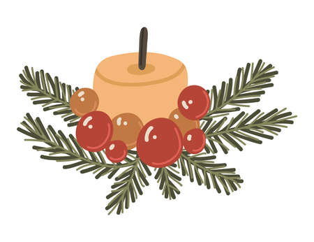Vector isolated element. Candle with Christmas tree branches. Christmas tree toys. Decoration for Christmas. Color image on a white background. The print is used for packaging design.のイラスト素材