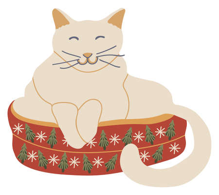 Vector isolated element. Happy cat is sitting in the bed. Decoration for Christmas. Color image on a white background. The print is used for packaging design.のイラスト素材