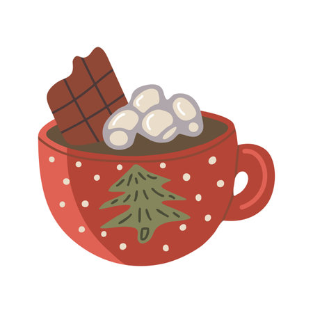 Vector isolated element. Hot chocolate or cocoa with marshmallows. Christmas drink. Christmas mug. Color image on a white background. The print is used for packaging design.のイラスト素材