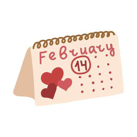Vector isolated element. Calendar. The 14th of February. Decoration for Valentine day. Symbols of Valentine's day. Color image on a white background. The print is used for packaging design.のイラスト素材
