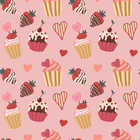 Vector seamless pattern with hearts and chocolate-covered strawberries. Cupcake. Valentines. Symbols of Valentine s day. Hand drawn illustration. The print is used for Wallpaper, fabric, textile.のイラスト素材