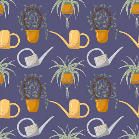 Vector seamless pattern with homemade flowers and watering cans. home gardening. hand drawn...