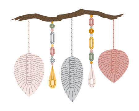 A composition with braided leaf. Set hand drawn vector isolated elements of macrame and crystals. interior decor. Color image on a white background. The print is used for packaging design.のイラスト素材
