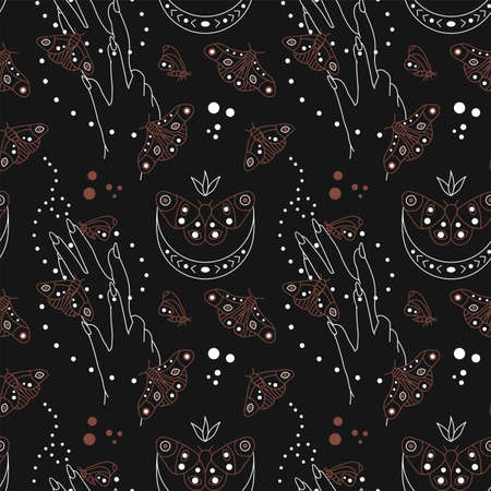Vector seamless pattern with hands and moths. Moon. mysticism. wildlife. hand drawn illustration. The print is used for Wallpaper, fabric, textile.のイラスト素材