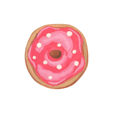 Isolated watercolor and gouache elements. A donut with icing. bakery products. Valentine's day. painting. color illustration. The print is used for packaging design, fabric.の写真素材