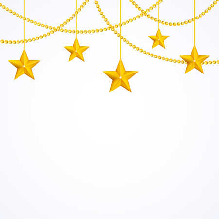 Card template with hanging yellow gold stars, shiny beads isolated on white background with copyspace for your text, stock vector graphicのイラスト素材